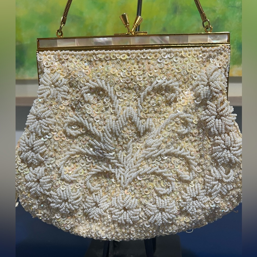 Floral Sequin Beaded Evening Bag Clutch Purse Mother Of Pearl Gold Vintage 60s - Picture 4 of 8